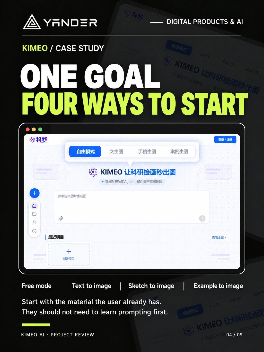 KIMEO free mode, text-to-image, sketch-to-image, and example-to-image input modes