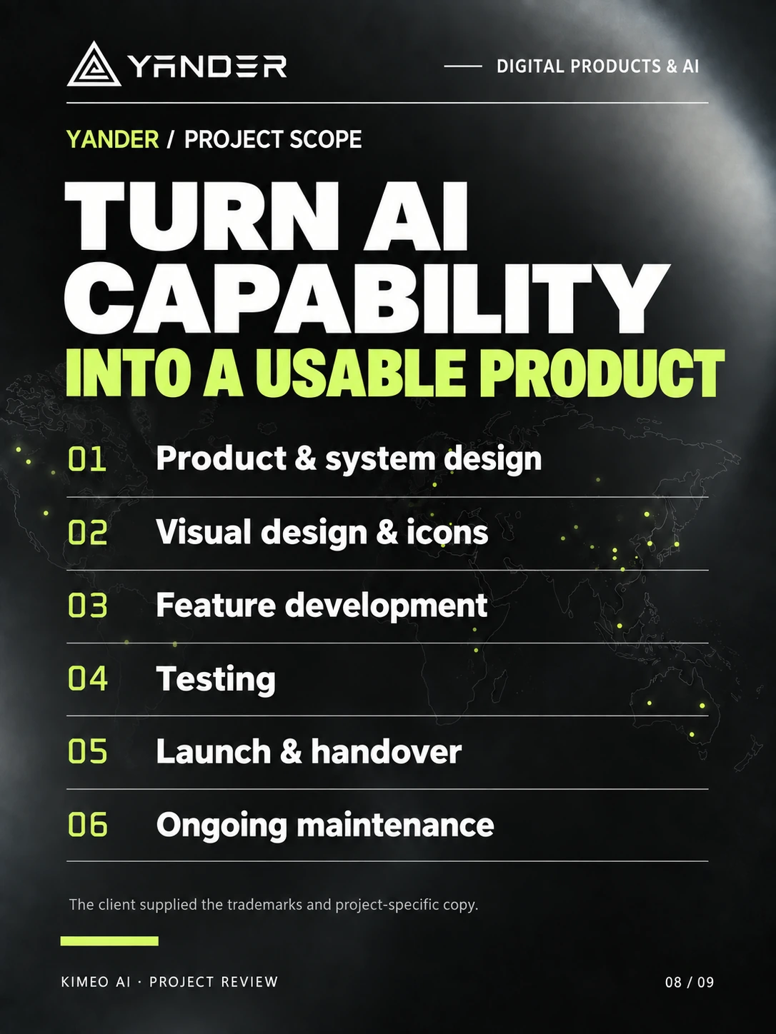 Yander project scope for KIMEO covering product and system design, visuals and icons, development, testing, launch, and maintenance